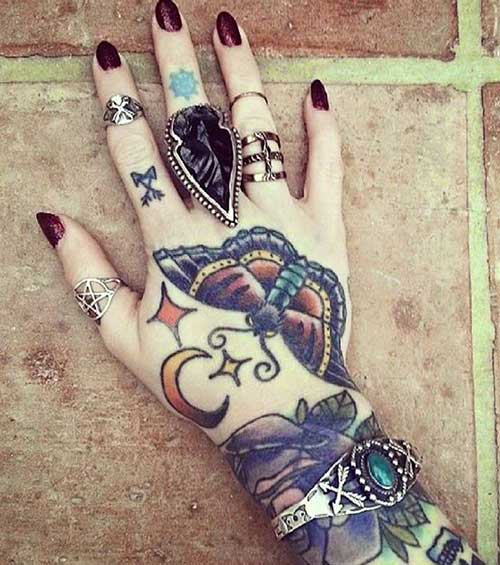 Butterfly Old School Tattoo On Hand For Girls