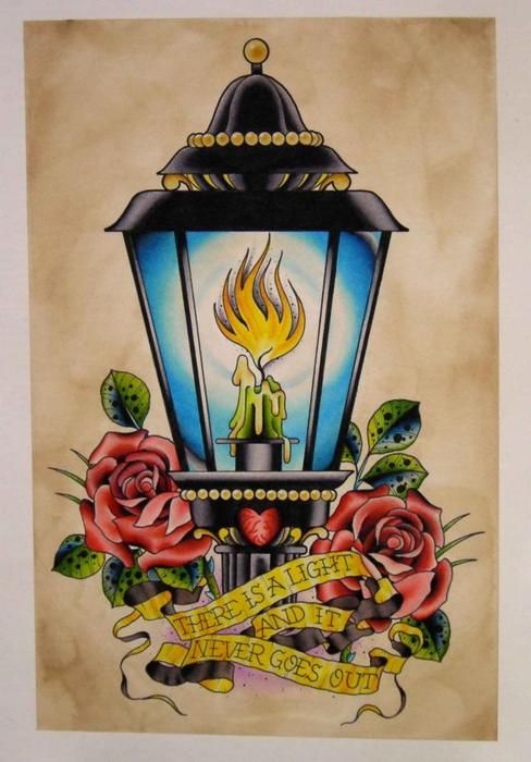 Candle Antique Lantern With Roses Tattoo Design