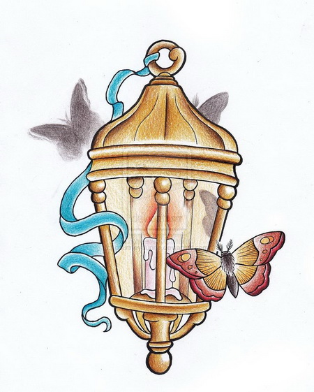 Candle Lamp With Butterflies Tattoo Design