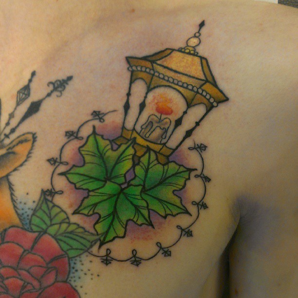 Candle Lantern With Leaves Traditional Tattoo