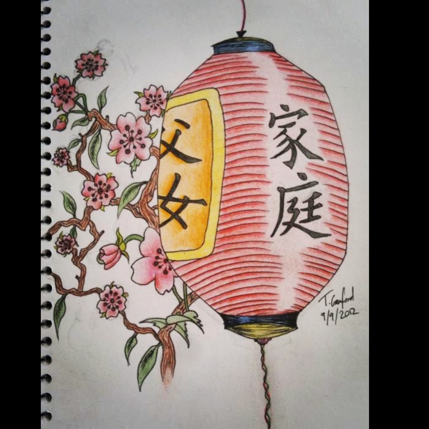 Chinese Lantern With Flowers Tattoo Design