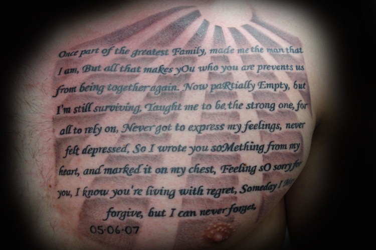 Classic Poem And Shining Sun Tattoo On Chest For Men