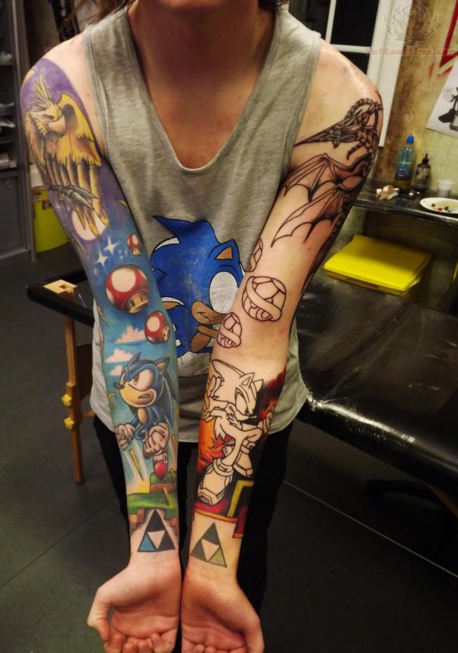 Color Ink Hero And Villains Sonic Tattoo On Both Full Sleeves