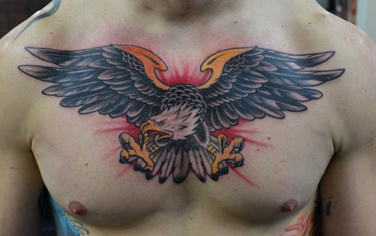 Colored Old School Eagle Tattoo On Chest For Men
