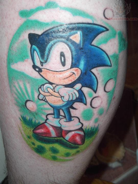 Colorful Bubbles Sonic Tattoo On Thigh