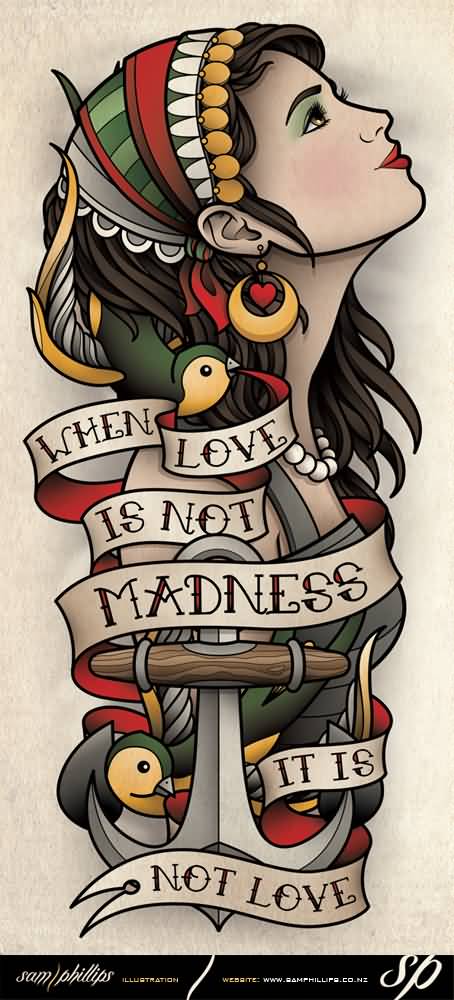 Colorful Gypsy With Quote Banner Old School Tattoo Design By Sam Phillips