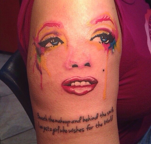 Colorful Marilyn Monroe Face Tattoo On Half Sleeve By Stephanie Bello