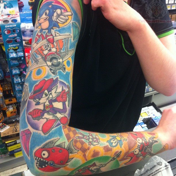 Colorful Sonic Video Game Tattoo On Right Full Sleeve