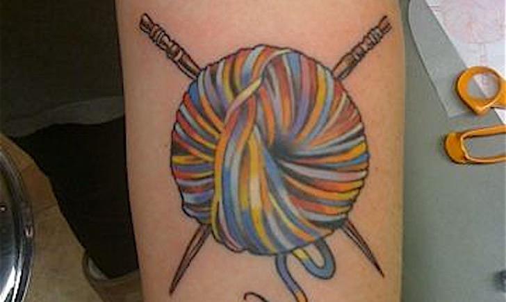 Colorful Yarn Knitting Tattoo On Arm