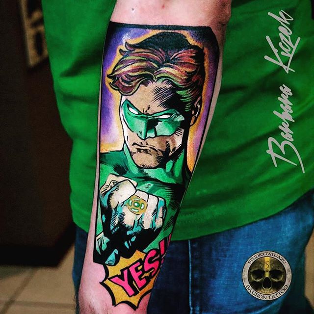 Comic Style Green Lantern Tattoo on Arm Sleeve