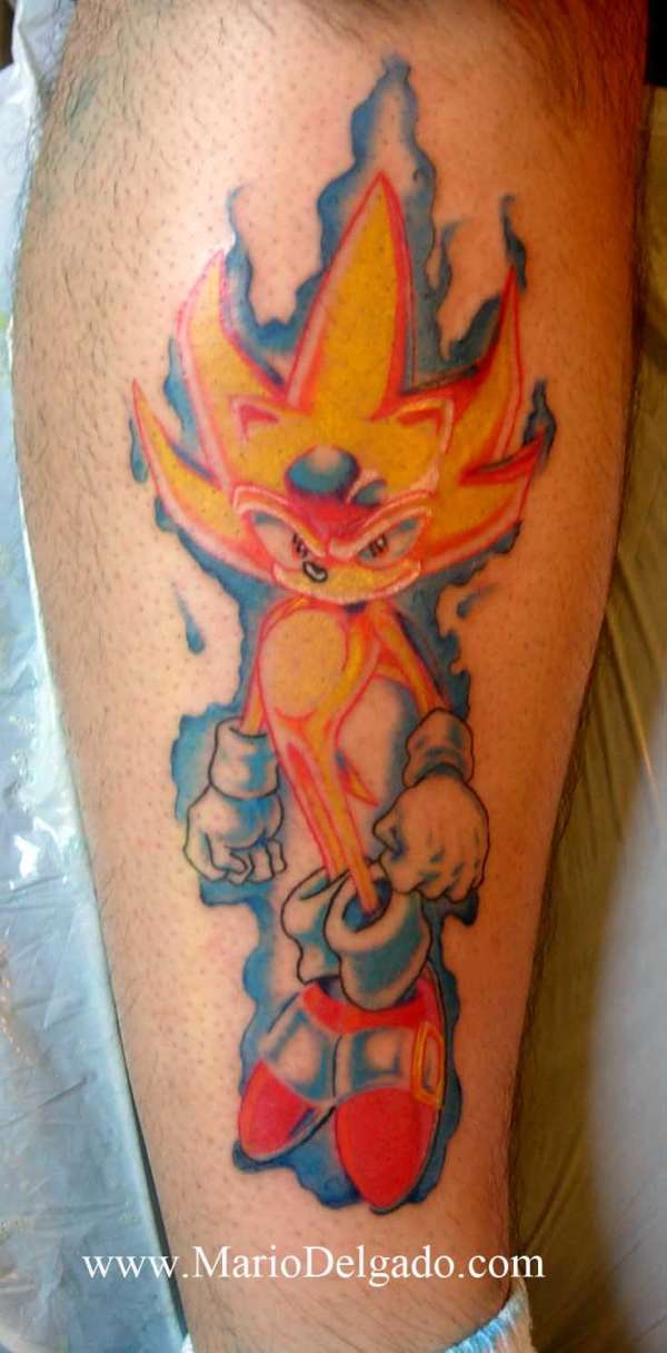 Cool Super Sonic Tattoo On Leg By Mario Delago