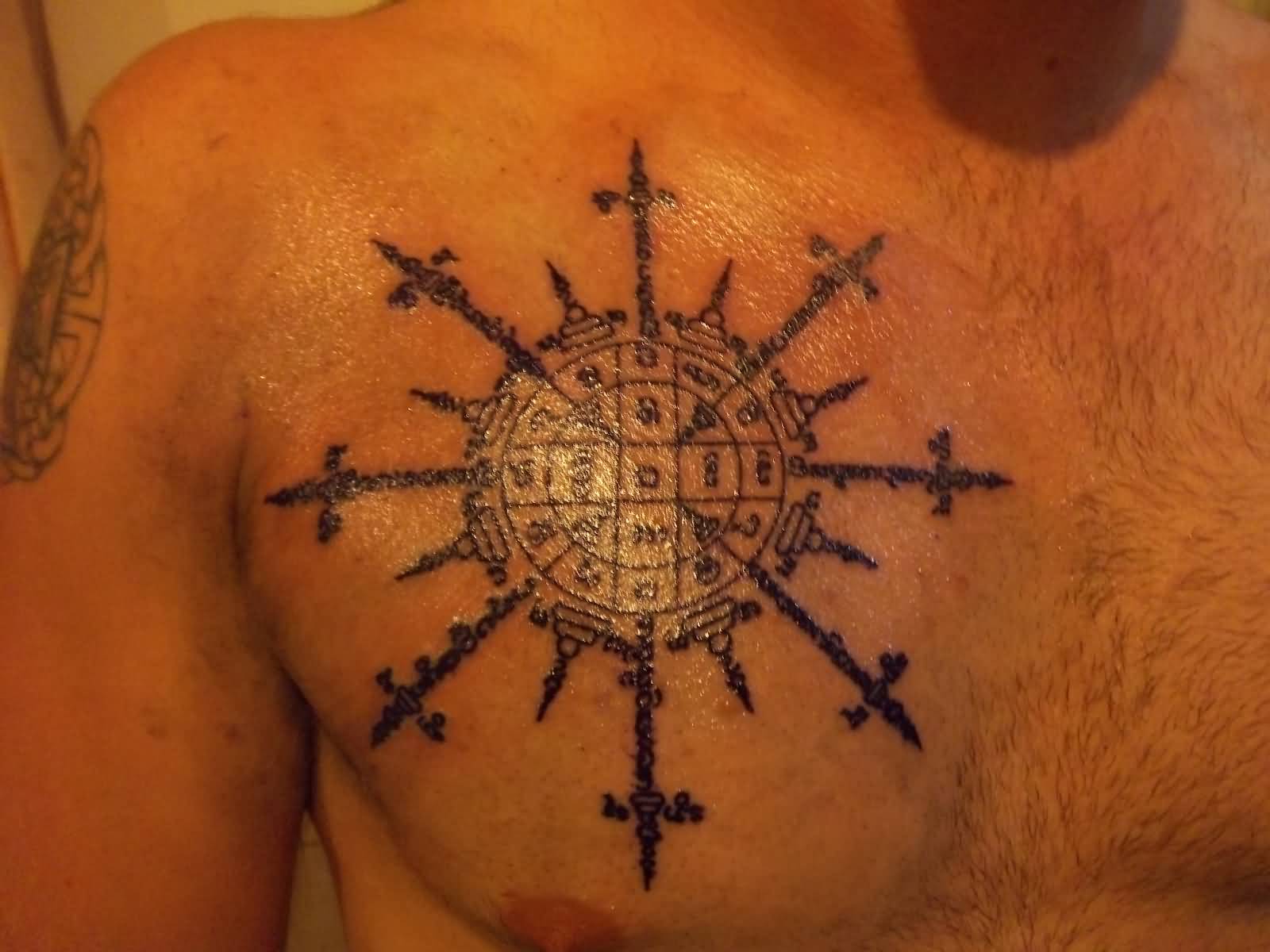 Cool Swords In Symbol Thai Tattoo On Right Chest