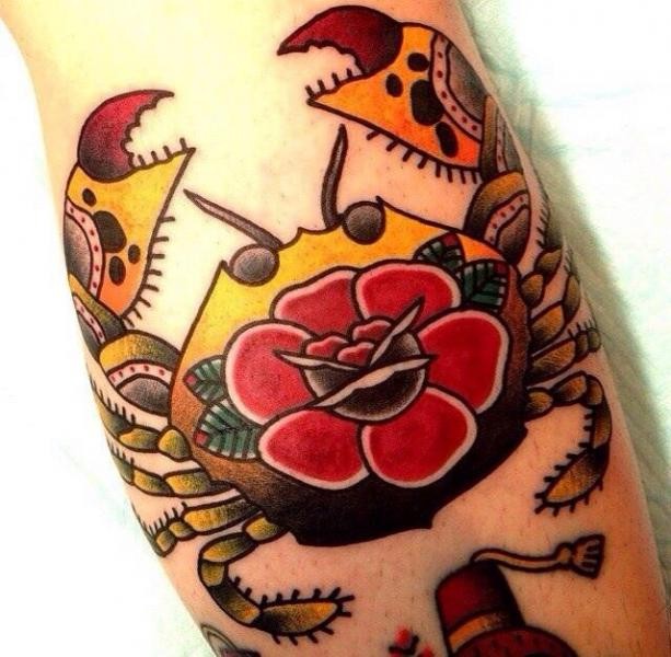 Crab Old School With Red Flower Tattoo
