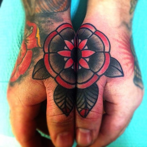 Creative Old School Flower Tattoo On Both Hands