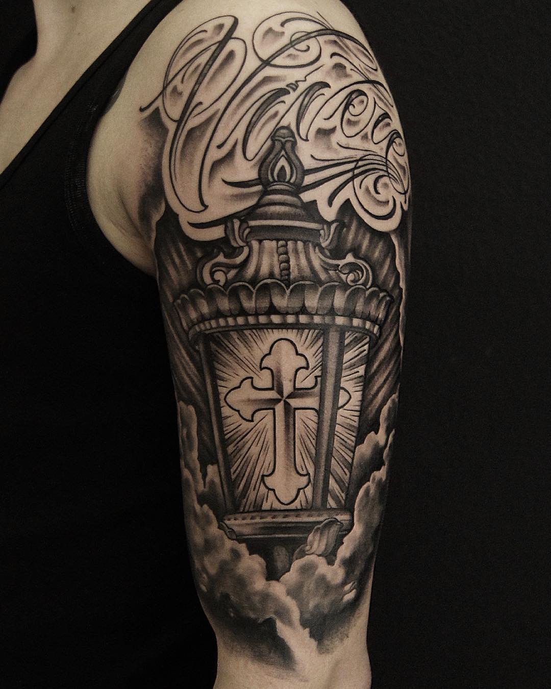 Cross Lantern Tattoo On Left Half Sleeve By Etinktattoo