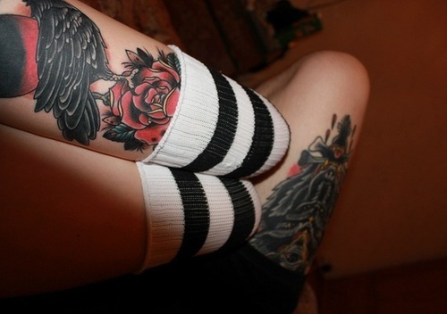 Crow And Rose Flowers Old School Tattoo On Leg