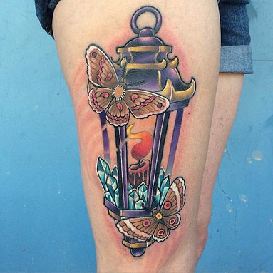 Crystals And Butterflies With Lantern Tattoo On Right Thigh