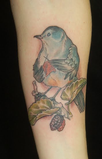 Cute Knitting Bird Tattoo On Arm