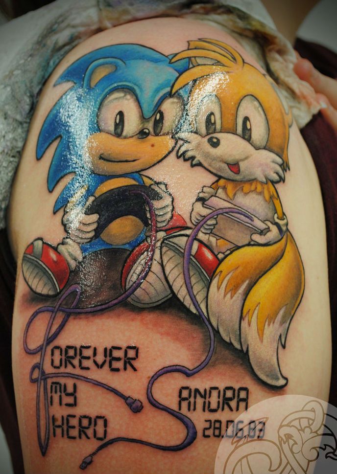 Cute Sonic And Tails Partners Tattoo On Right Shoulder