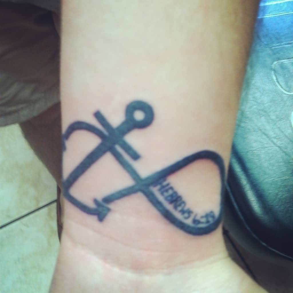 Dark Black Anchor Infinity Symbol Tattoo On Wrist