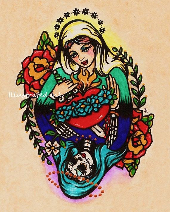 Day Of The Dead Virgin Mary Old School Tattoo Design