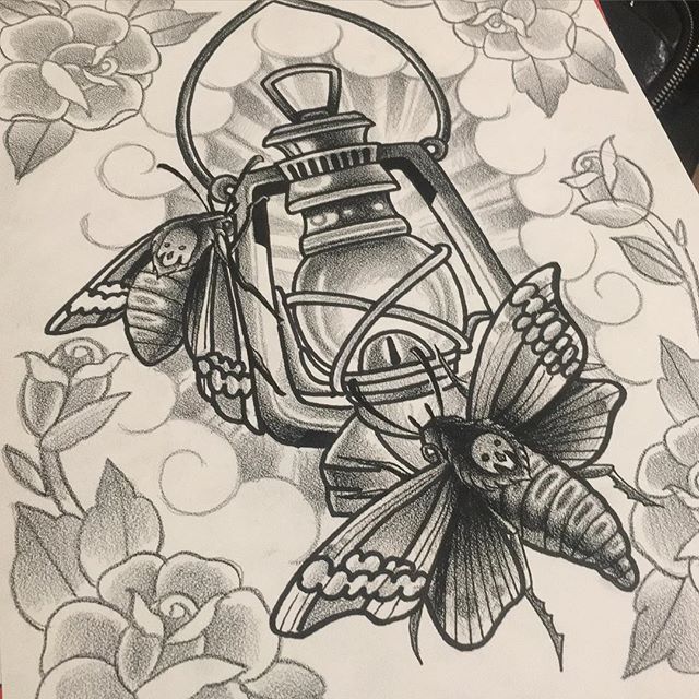 Deathhead Moth And Lantern Tattoo Design