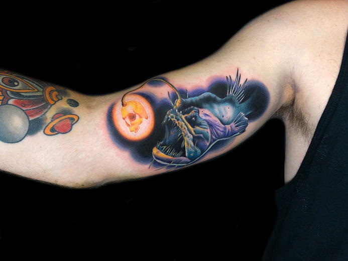Deep Water Angler Fish Tattoo On Biceps By Andres Acosta