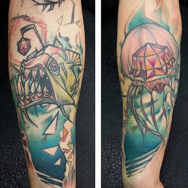 Diamond Angler And Jelly Fish Tattoo On Arm Sleeve