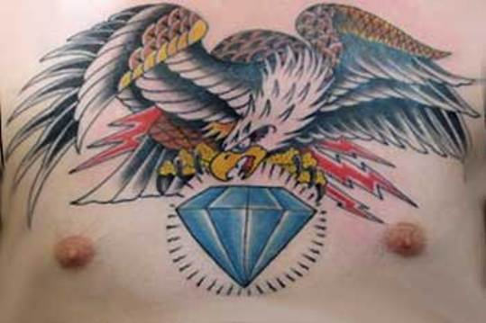 Eagle With Diamond Old School Tattoo On Chest For Men