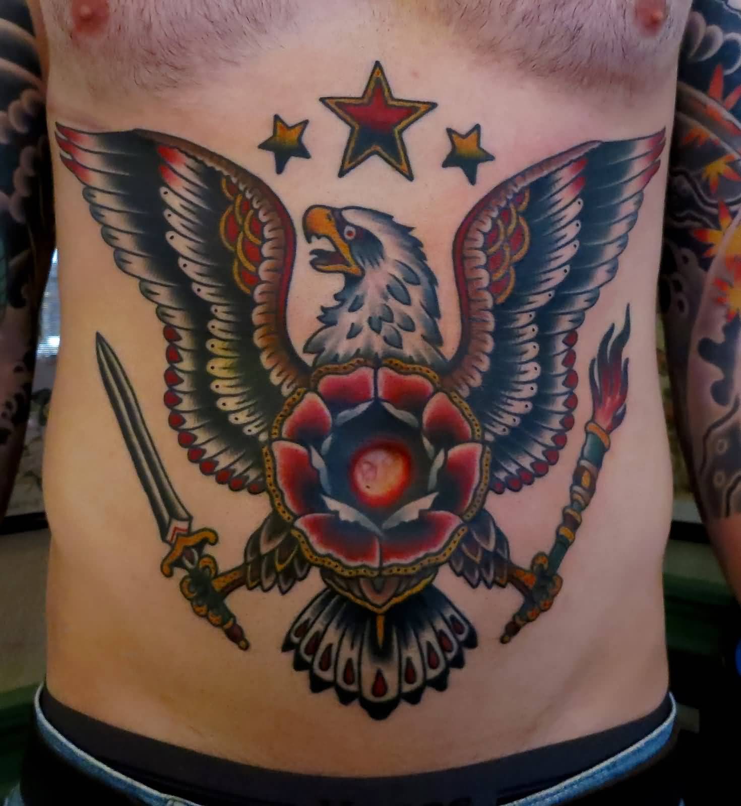 Eagle With Shield And Torch Tattoo On Stomach