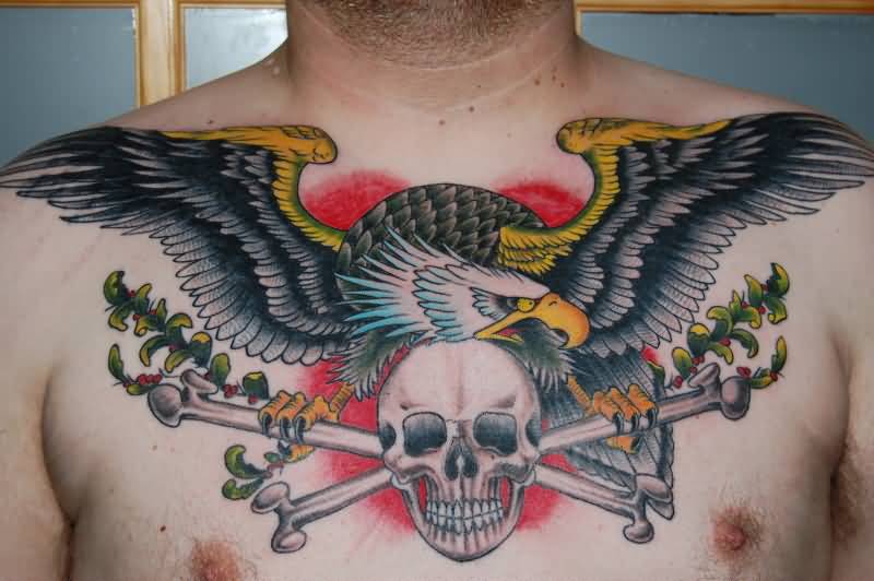 Eagle With Skull And Bones Old School Tattoo On Chest For Men
