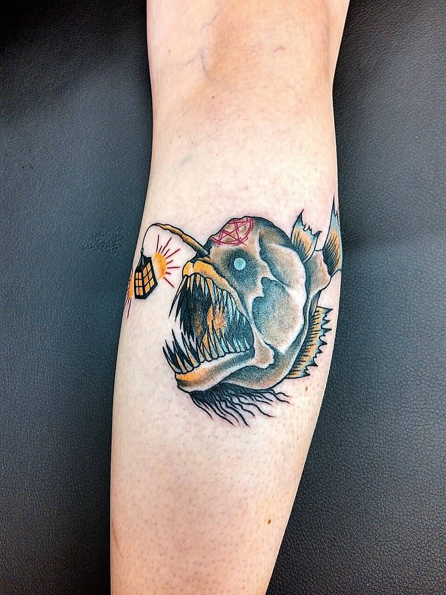 Electric Evil Angler Fish Tattoo On Forearm