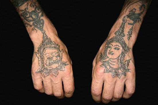Evil And Virtuous Tattoos On Both Hands