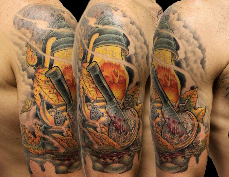 Excellent Lantern With Knife In Pocket Watch Tattoo On Half Sleeve By Pete Vaca