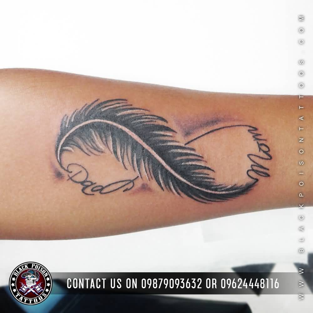 Fabulous Parents Infinity With Feather Tattoo On Forearm