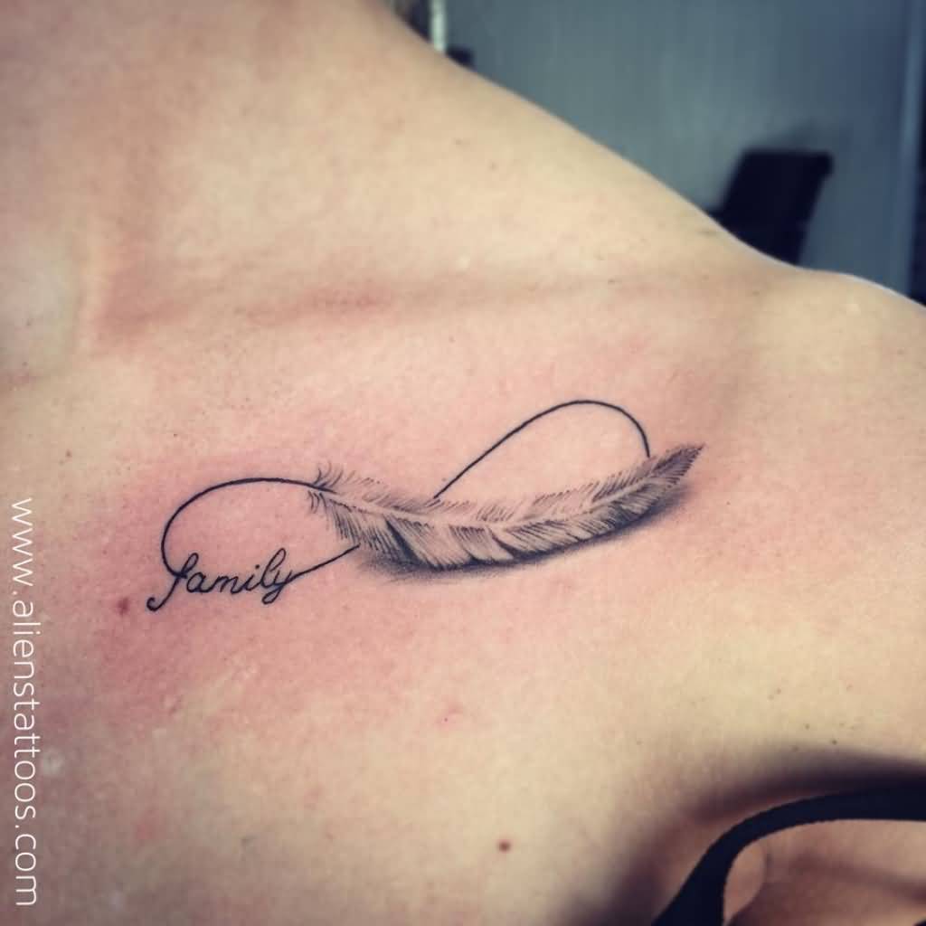 Family Infinity With Realistic Feather Symbol Tattoo On Shoulder