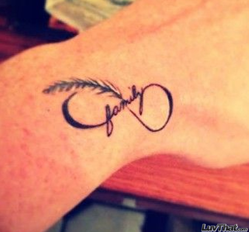 Family Text And Infinity Feather Tattoo On Wrist