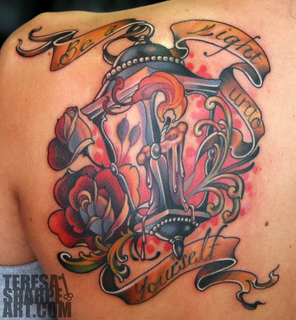 Fantastic Banner With Lantern Tattoo By Teresa Sharpe