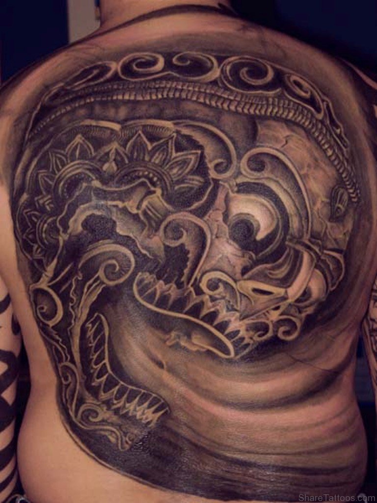 Fantastic Big Tibetan Skull Tattoo On Full Back