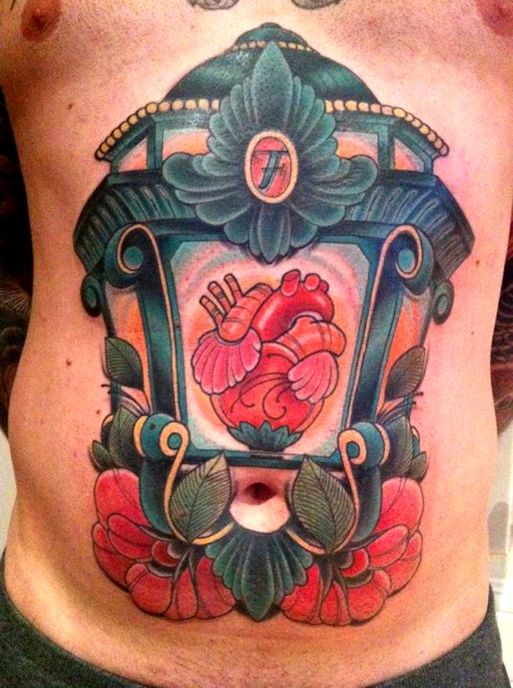 Fantastic Heart Lantern Tattoo On Stomach For Men