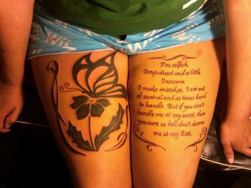 Fantastic Marilyn Quote With Butterfly On Flower Tattoo On Both Thighs