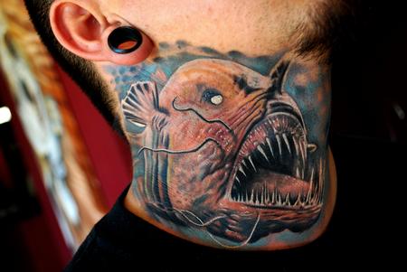 Fantastic Scary Angler Fish Tattoo On Side Neck