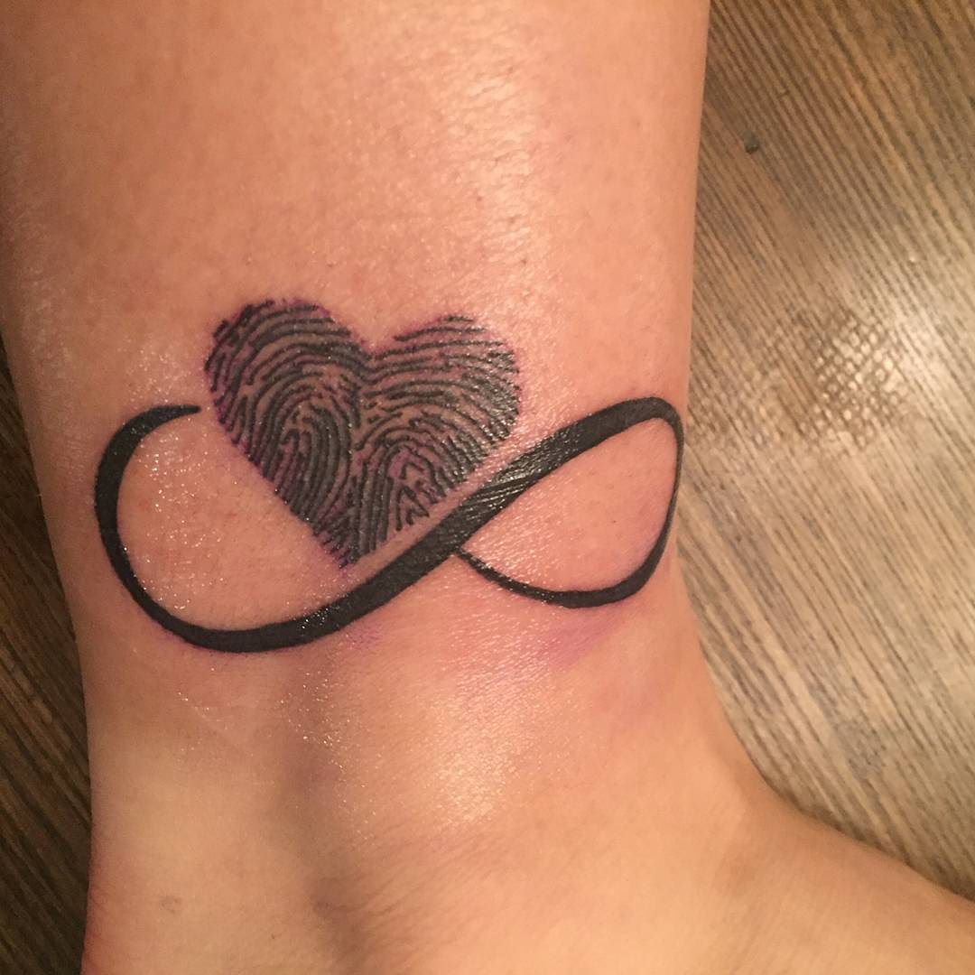 fingerprint heart with infinity symbol tattoo on ankle