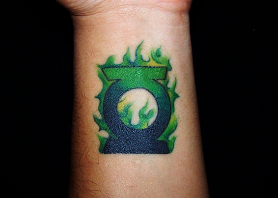 Flaming Green Lantern Logo Tattoo On Wrist