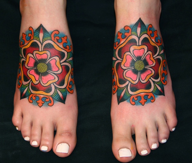 Flower Old School Matching Tattoos On Both Foots