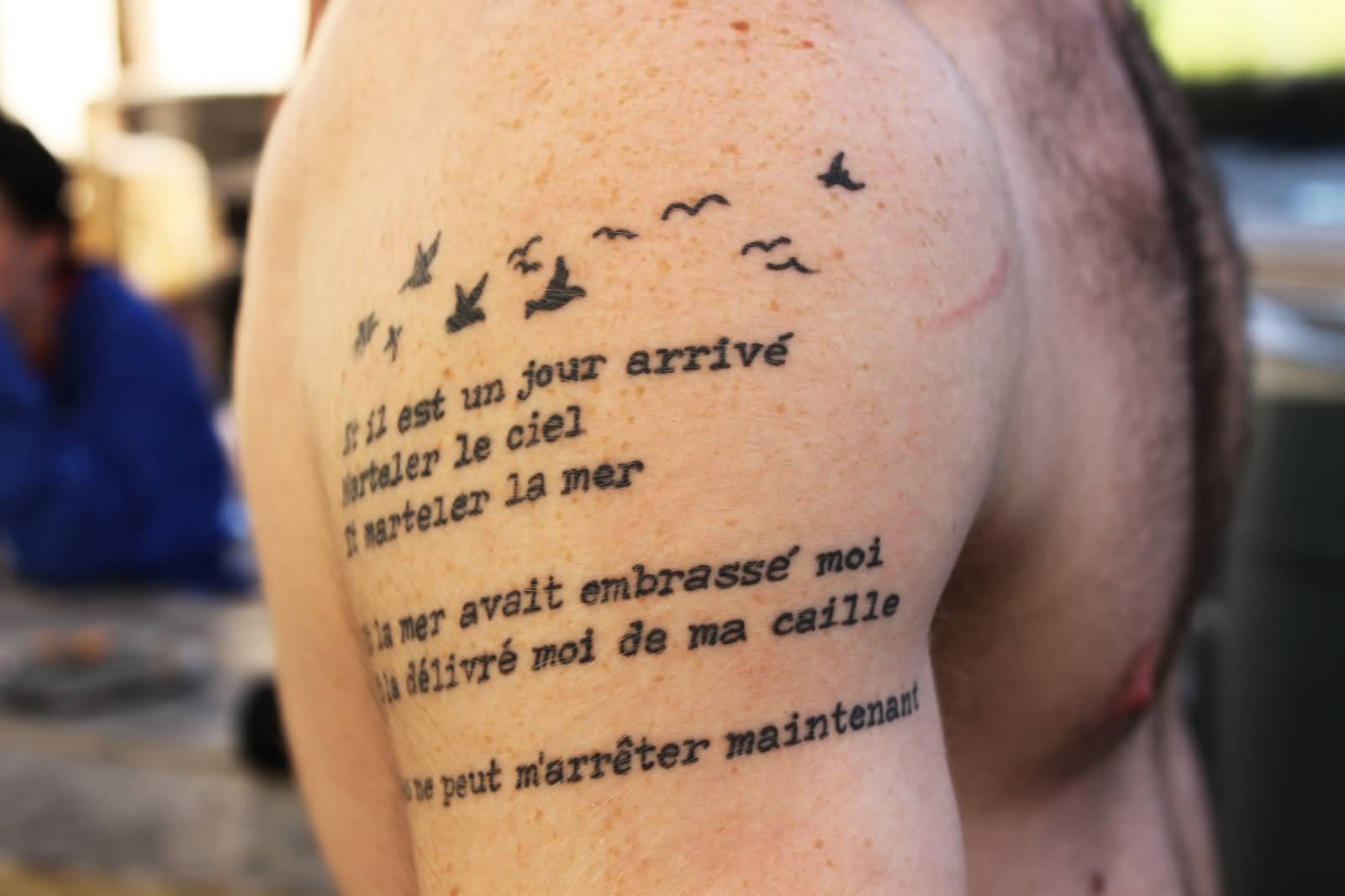 French Poem With Birds Tattoo On Right Shoulder