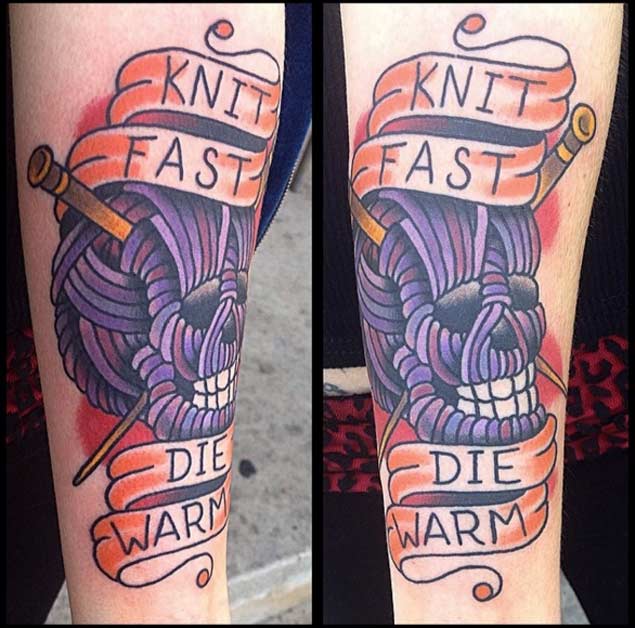 Funny Knitting Tattoo On Forearm