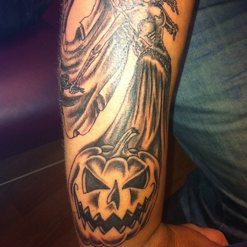 Ghost Jack O Lantern Tattoo On Arm Sleeve
