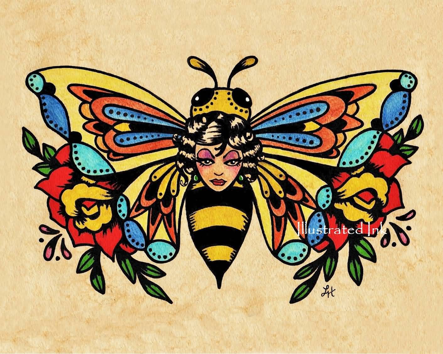 Girl Honeybee Old School Tattoo Design