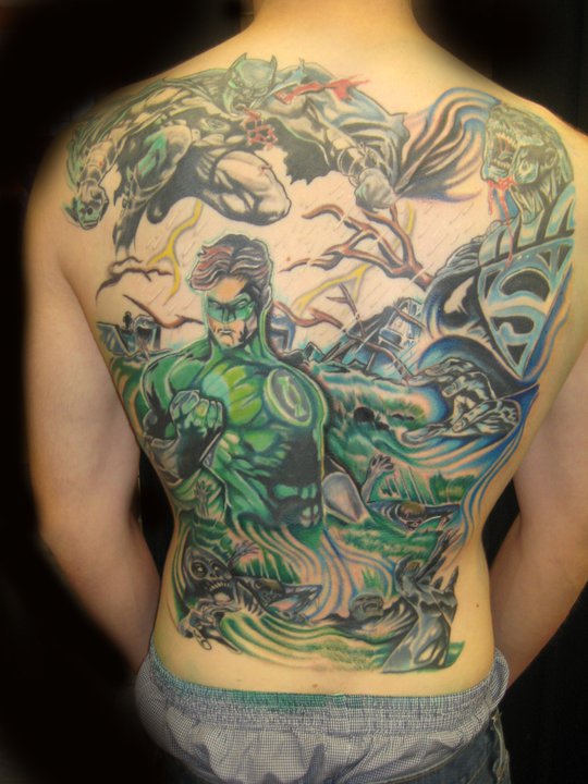 Green Lantern With Other Superheroes Tattoo On Full Back